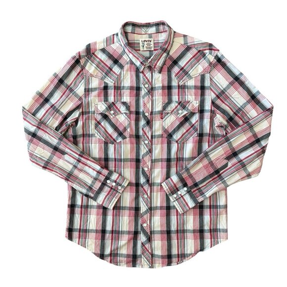 Levis Western Wear Button Down Shirt Mens Large Peal Snap Red Plaid - Picture 1 of 7
